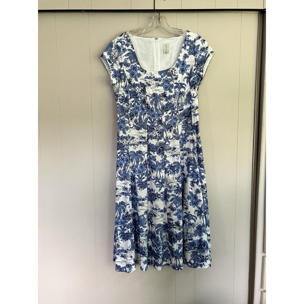 Joie Fit & Flare  Dress Blue & White Tropical Toile Midi Back Zip Cotton Size 2